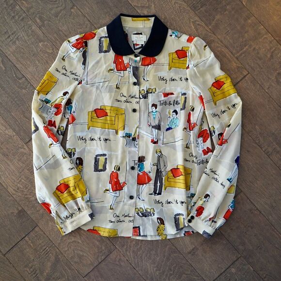 KATE SPADE PRINTED 100% SILK BLOUSE WOMENS SIZE 00 - Picture 1 of 9